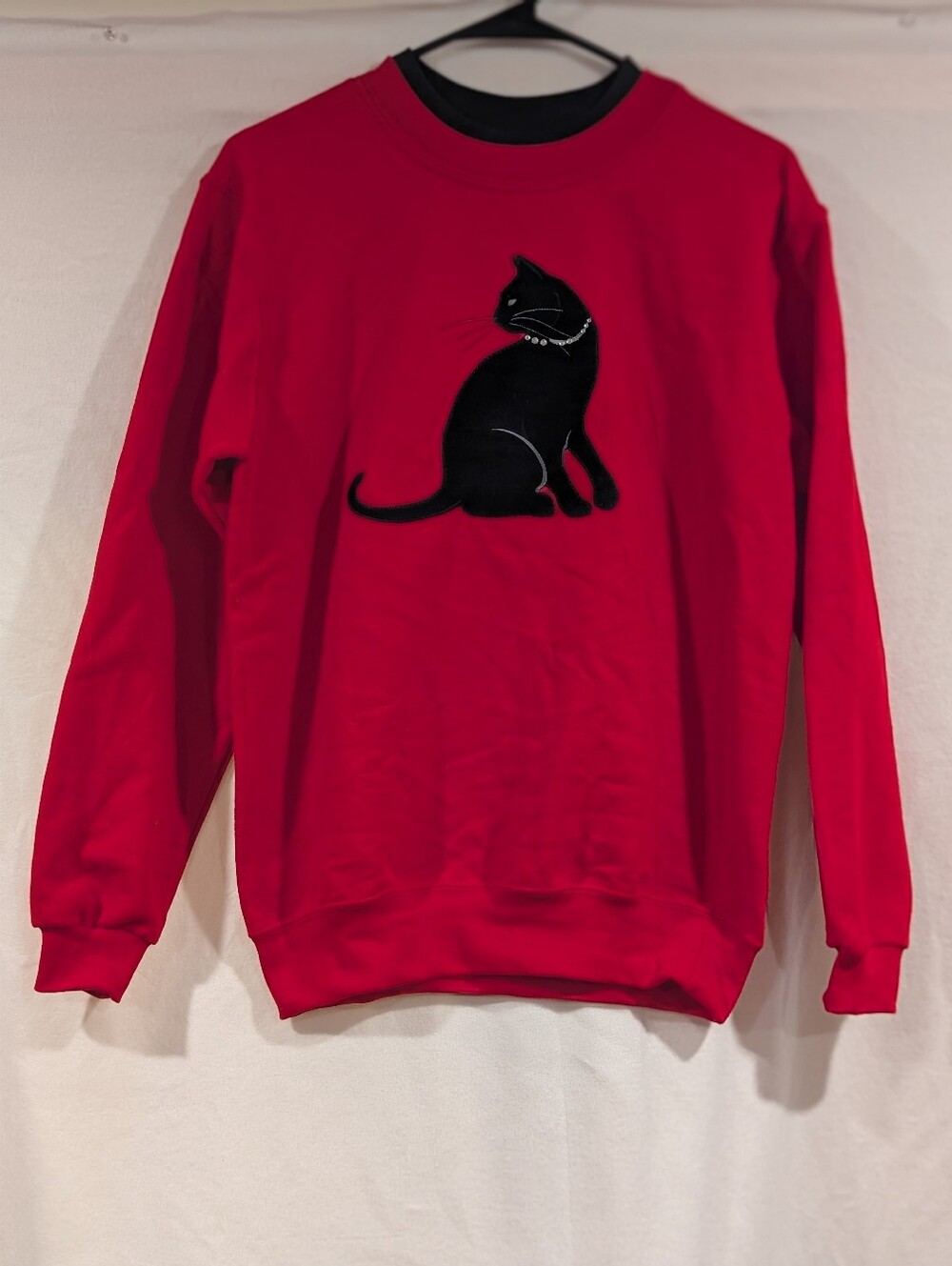 Vintage Country Store Red Black Cat Sweatshirt Pearl Collar Small Cozy Cute